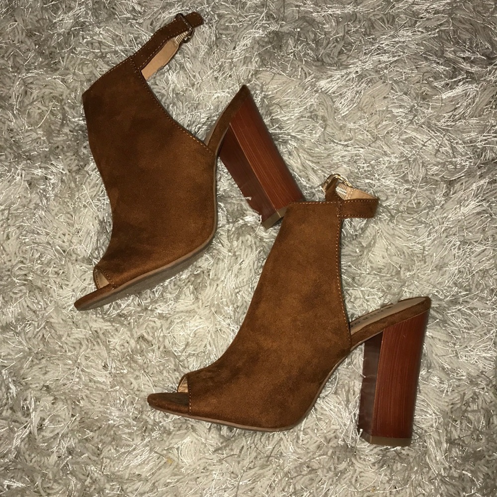 SUEDE Camel Peep Toe Heels